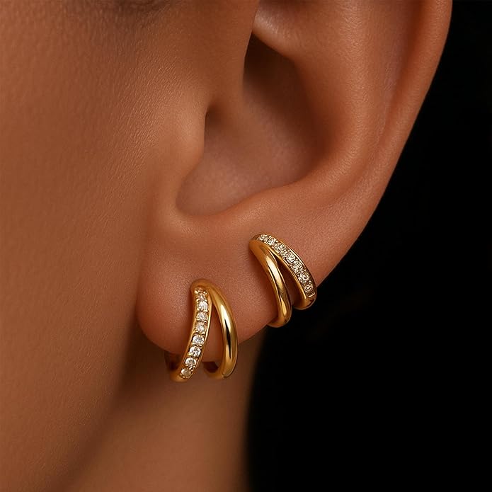 14K Gold Plated Hoop Earrings for Women Triple Huggie Illusion Stud Earring | Double Huggie Hoop Earrings for One Hole | Claw Ear Cuff Earring Jewelry Gift for Women