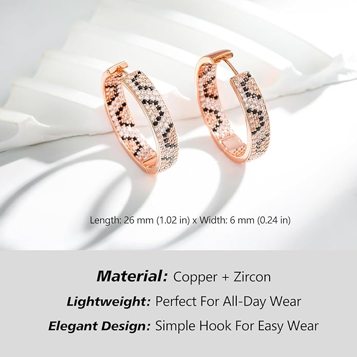 Rose Gold Hoop Earrings for Women, 925 Silver-Plated Thickened Hypoallergenic Earrings, CZ Black Gemstone-Inlaid Earrings - Women's Fashion Jewelry
