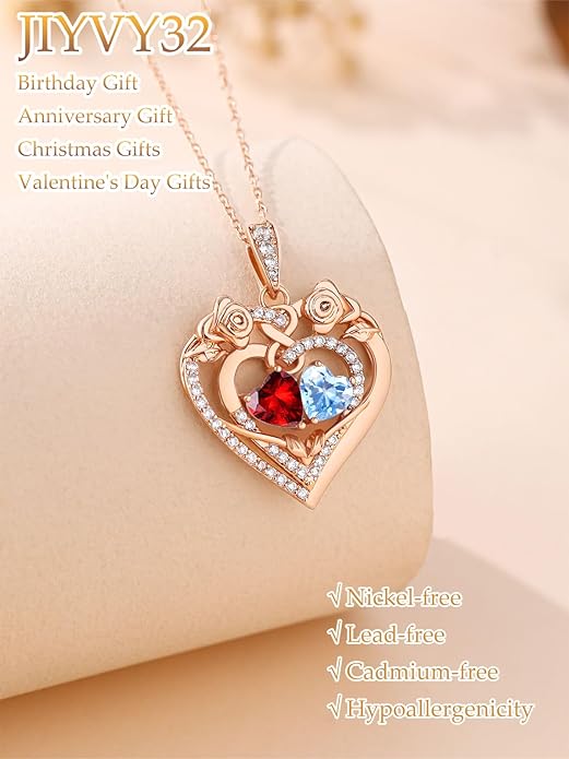 JIYVY32 Rose Heart Necklace for Women Exquisite 925 Sterling Silver Anniversary Birthday Gifts for Wife Mom Her Double Birthstone Pendant Jewelry