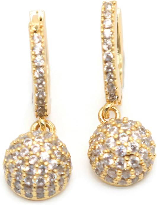 Gold Tone Ball Dangle Hoop Earrings for Women – Crystal-Encrusted Charm, 25mm Drop Length, Lightweight Party Jewelry.KT0012