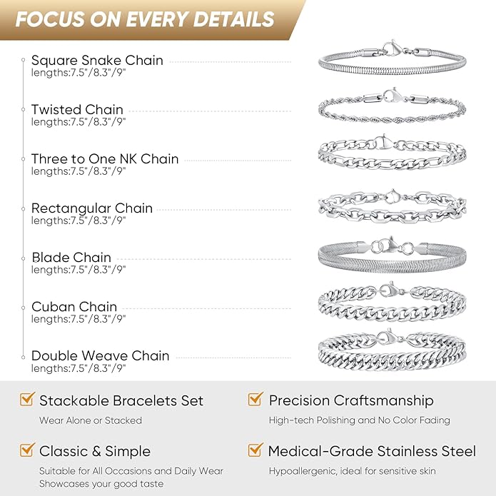 VNOX 5/7 Pcs Chain Bracelet for Men Women - Sturdy Stainless Steel Curb Width Cuban Link Chain Bracelet Set for Men Women,6.5/7/7.4/8.2/9 Inches