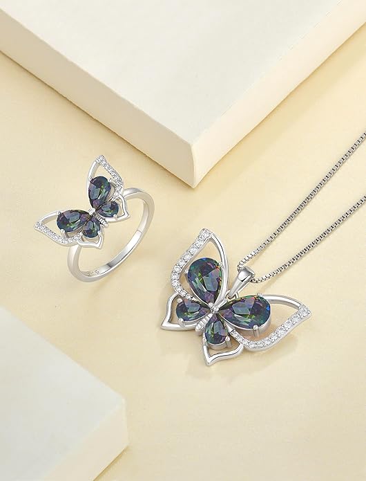 YL Women's Butterfly Necklace 925 Sterling Silver Flower Rose Pendant Birthstone Halo Jewelry