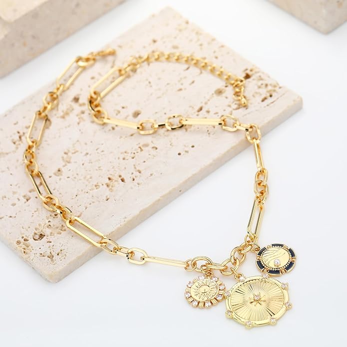 Chunky Gold Necklace for Women, 18K Waterproof Heart Necklace Statement Necklace Gold Charm Necklace Chunky Jewelry Paperclip Chain Choker Gift for Women