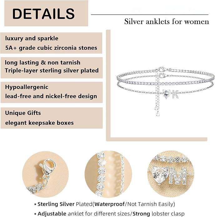 Heart Initial Silver Anklets for Women Waterproof Dainty Silver Plated ankle bracelets for women Large Ankle Women's Anklets Tennis ankle bracelets Non Tarnish Summer Beach Foot Jewelry