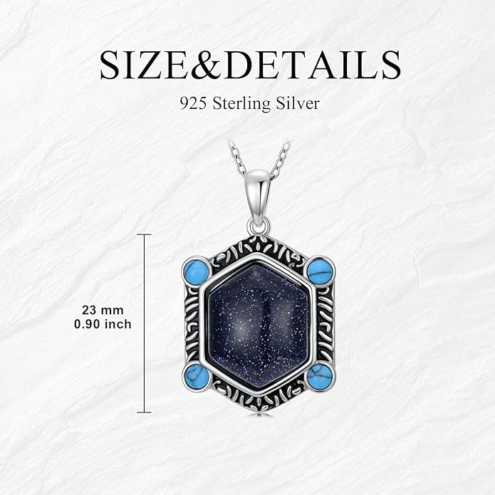 Unisex Vintage Bohemian Necklace Hexagon Blue Sandstone Pendant Necklace with Turquoise, 18+2" Adjustable Western Chain for Men and Women