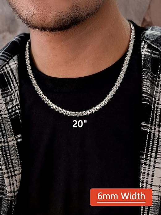 FaithHeart Mens Black/Silver/Gold Stainless Steel Flat Box Link Chain Necklace, Stylish 2/4/6/8mm Width Box Chains Necklaces for Men Non Tarnish Hip Hop Chain Jewelry Gifts,14"-30" Length