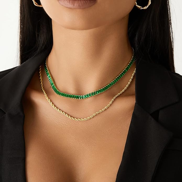 KissYan Diamond Tennis Necklace for Women, 14K/White Gold Plated Cubic Zirconia Baguette Tennis Chain Chunky Paperclip Link Cuban Choker Necklace Dainty Jewelry Gifts