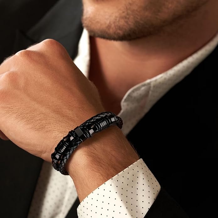 𝐆𝐢𝐟𝐭 𝐟𝐨𝐫 𝐌𝐞𝐧 Braided 𝐋𝐞𝐚𝐭𝐡𝐞𝐫 𝐁𝐫𝐚𝐜𝐞𝐥𝐞𝐭 for Men Dad Husband Boyfriend Son Grandson Brother Stainless Steel Clasp Engraved with Love You Forever Jewelry Birthday Gift 7.5 8.5 9 Inch