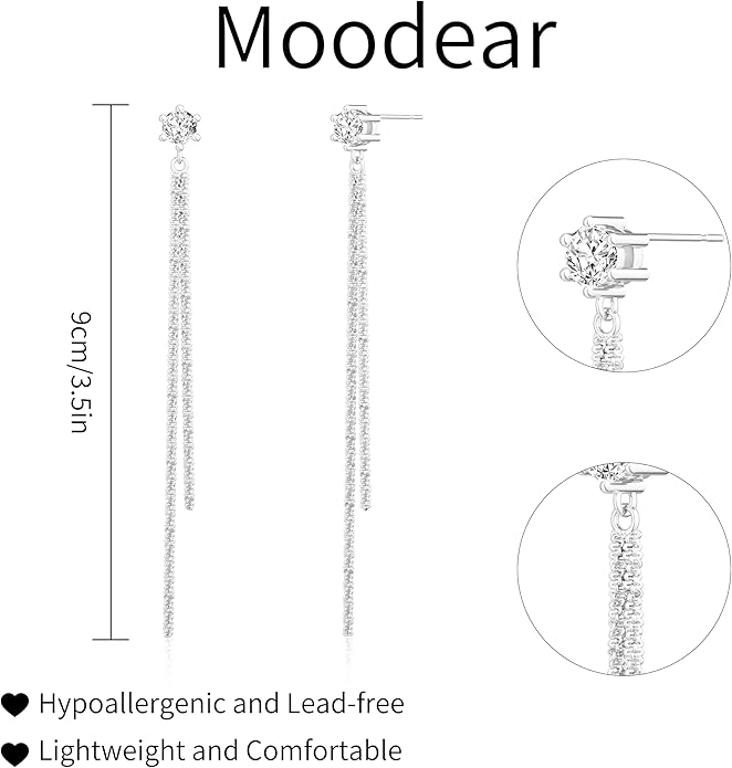Moodear Dangle Earrings 14K Gold Plated Chain Earrings for Women Trendy Dainty Hypoallergenic Long Chain Drop Tassel CZ/Pearl Earrings Wedding Jewelry Gift