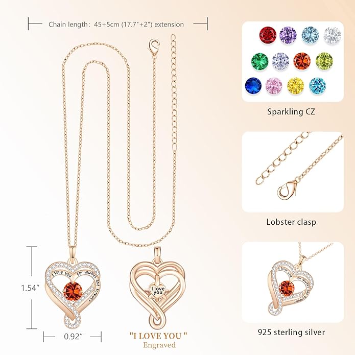 Birthstone Heart Necklaces for Women, Infinity Pendent S925 Sterling Silver Jewelry for Women, Wedding Anniversary, Birthday Mother’s Day Gifts for Mom, Mother, Wife, Girlfriend
