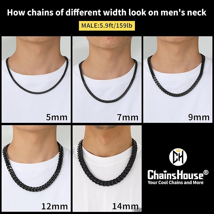 ChainsHouse Stainless Steel Mens Cuban Link Chain, Black/ 18K Gold Plated Miami Cuban Chain Necklace, 5mm/7mm/9mm/12mm/14mm Width, No Tarnish& Durable Hip Hop Mens Jewelry, 18"-30", Send Gift Box