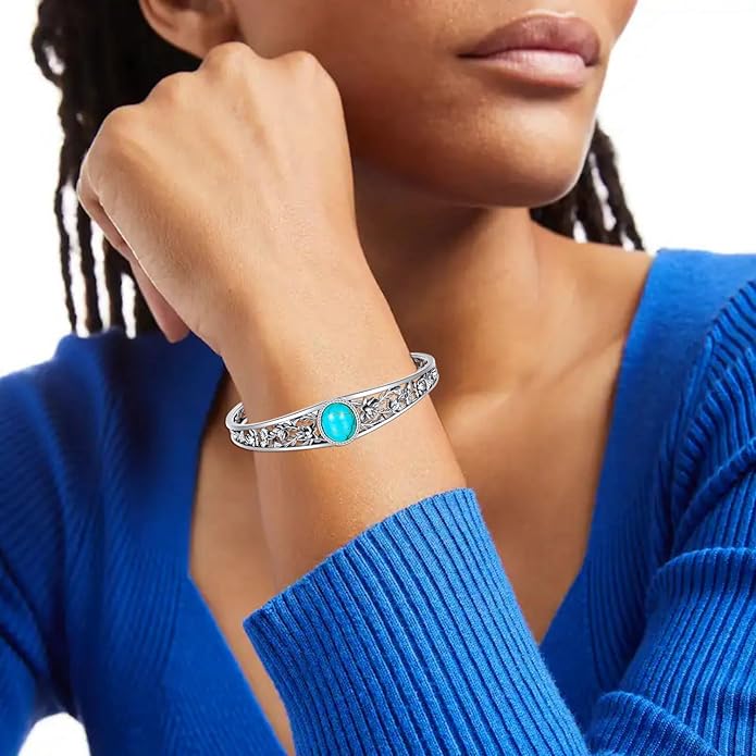 Christmas Jewelry Gift for Women-Genuine Turquoise Cuff Bracelet, Sterling Silver Western Vintage Floral Bangle Native American Jewelry, For 6.5-7.5 Inch Wrists