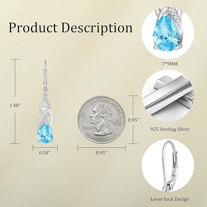 JO WISDOM Women Celtic Knot Infinity Dangle Earrings for Women Sterling Silver 7 * 9mm Birthstone Irish Twisting Drop Earrings Jewelry for Women