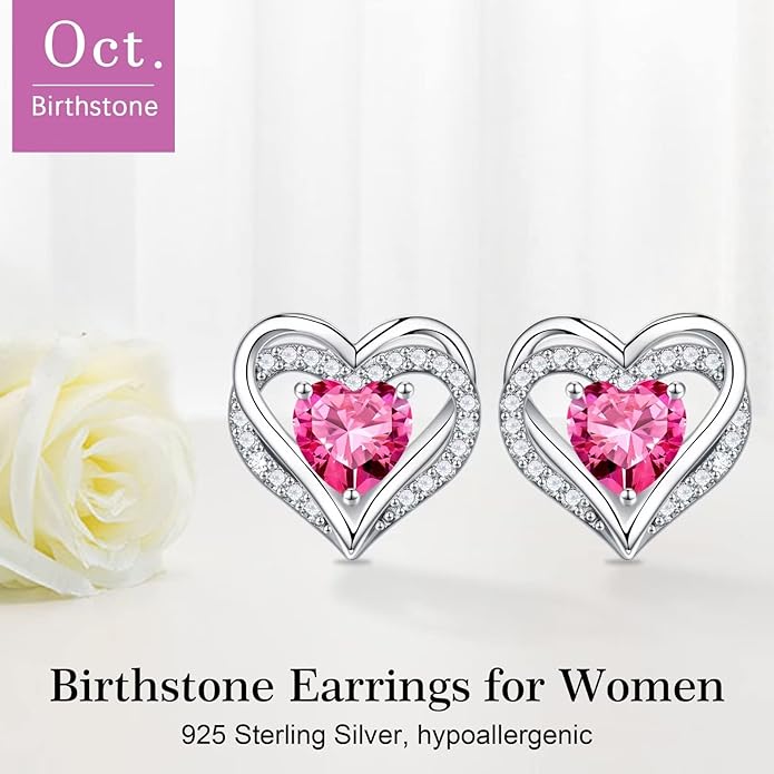 Iefil Birthstone Earrings for Women, 925 Sterling Silver Heart Stud Earrings Birthday Gifts for Women