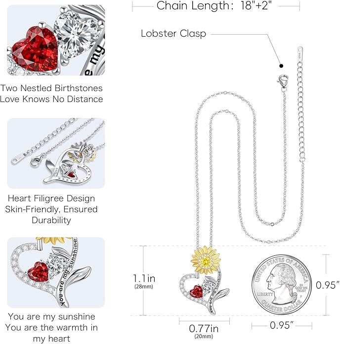 PERJI Valentine's Day Gifts for Women - 925 Sterling Silver Double Birthstone Sunflower Necklace, Anniversary Birthday Jewelry You are My Sunshine Gifts for Wife Couple Girlfriend 18"+2" Non Tarnish