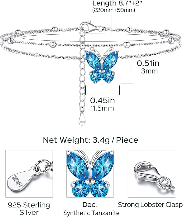 ChicSilver 925 Sterling Silver Anklets for Women Waterproof, Sparkling Birthstone Ankle Bracelets for Women, Adjustable Layered Butterfly Anklet Summer Beach Jewelry