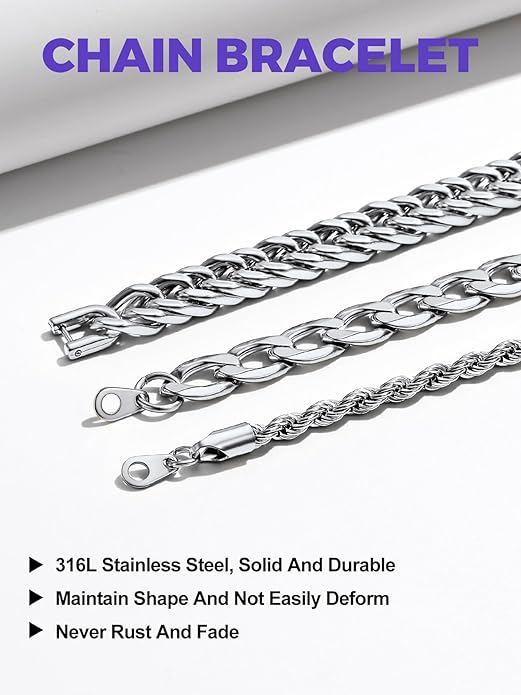 Richsteel 2PCS/3PCS Bracelets Chain for Men Women Stainless Steel Silver/Gold/Black Cuban/Rope Link Chain Bracelets Set, 7.4/8.2/9 Inch Hand Chain Length for Men Women Jewelry