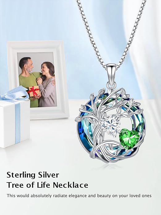 TOUPOP s925 Sterling Silver Family Celtic Tree of Life Pendant Necklaces with 2 Heart Birthstone with Blue Austrian Crystal Jewelry Birthday Anniversary Christmas Gifts for Her Wife Girlfriend Mom (18K Real White Gold Filled)