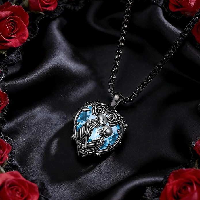 Flpruy 925 Sterling Silver Black Gothic Jewelry Gifts Skeleton Couple Pendant Crystal Birthstone Heart Necklace Punk Romantic Jewelry for Lover Men Women