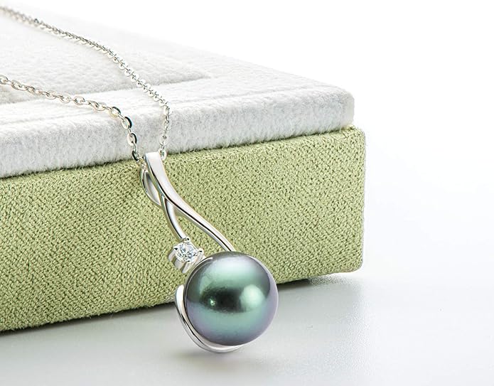 DENGGUANG Tahitian Black Pearl Necklace for Women Genuine 9-10mm Round Tahitian Cultured Pearls Pendant 18K Gold Plated 925 Sterling Silver - Jewelry Gifts for Mom Wife Daughter