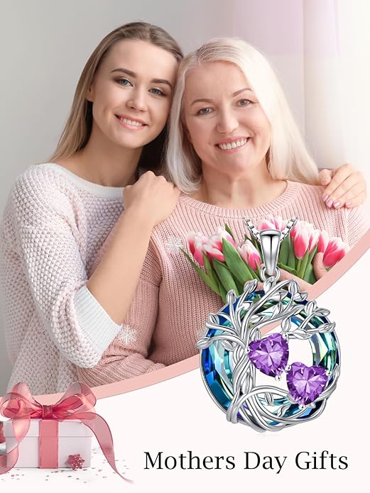 TOUPOP s925 Sterling Silver Family Celtic Tree of Life Pendant Necklaces with 2 Heart Birthstone with Blue Austrian Crystal Jewelry Birthday Anniversary Christmas Gifts for Her Wife Girlfriend Mom (18K Real White Gold Filled)
