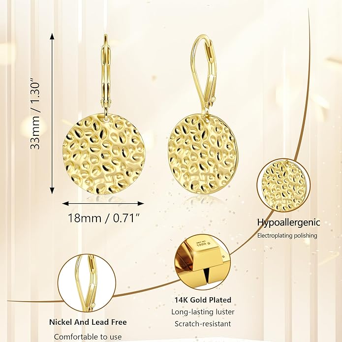 ALEXCRAFT 925 Sterling Silver Dangle Earrings for Women, 14K Gold Plated Geometric Flat Round Disc Hammered Coin Drop Earring Hypoallergenic Lightweight Leverback Earrings for Women Trendy Jewelry