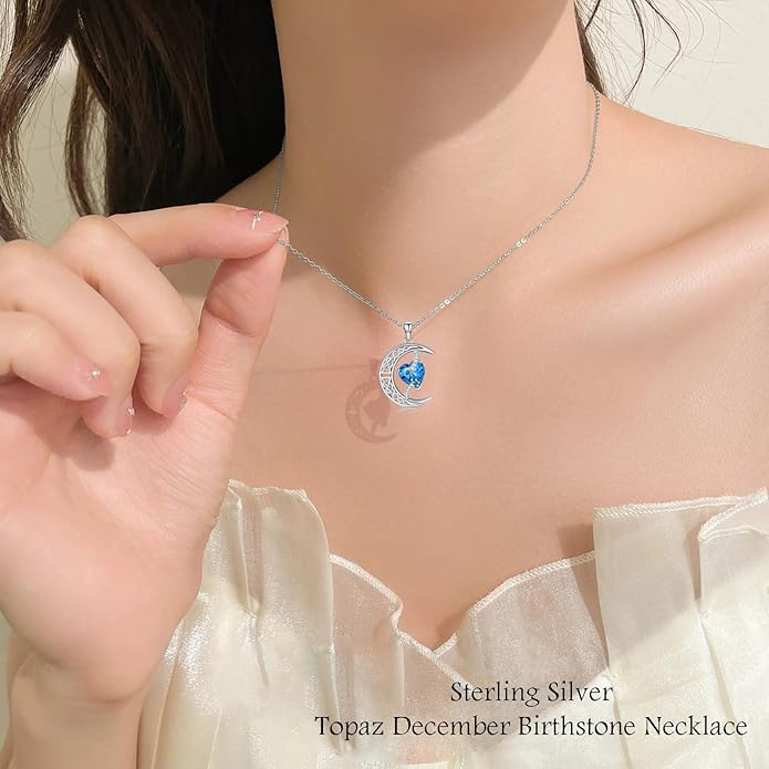 TOUPOP Moon and Star Birthstone Necklace for Women 925 Sterling Silver Celtic Moon Jewelry Birthday Christmas Gifts for Her Girlfriend