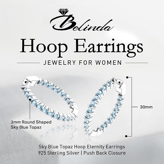 Hoop Earrings with 40 Colored Gemstones, Birthstone Earrings, 925 Sterling Silver Rhodium Plated, Push Back Closure, 1.18'
