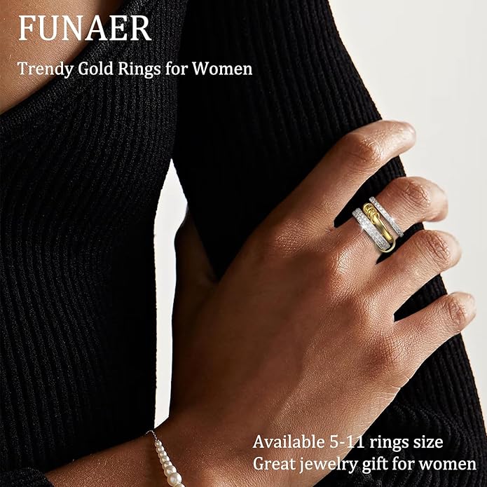 Stackable Rings For Women Non Tarnish,Two-Tone 18K Gold Silver Mixed Metals Interlocked Ring, Cubic Double-Layer Zirconia Interlocked Fashion Accessories Jewelry, Special Statement Ring Set Gifts For Women