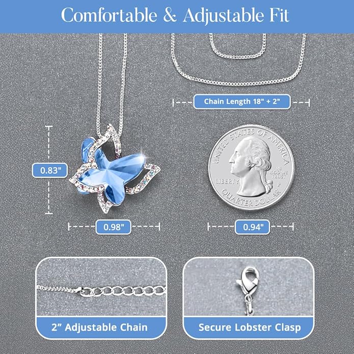 Gift Butterfly Birthstone Crystal Necklace, Silver Tone with 18”+2” Chain, Necklace for Mother’s Day Anniversary Birthday Gifts for Women and Daughter