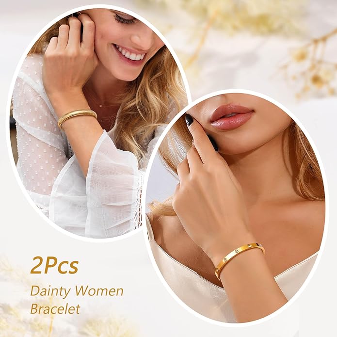 MPRAINBOW Gold Bracelets for Women, 2Pcs 18K Gold Plated Cubic Zirconia Bangle Crystal Friendship Bracelet Jewelry,Wedding Party Christmas Birthday Gifts for Her Girlfriend Sister Daughter