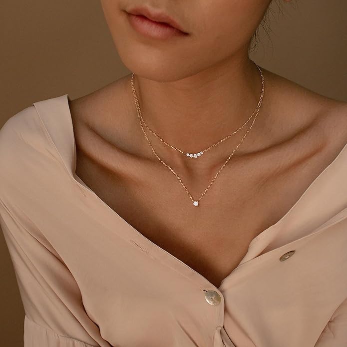 Layered Necklaces for Women,Dainty 14k Gold Plated Choker Necklace Stack Trendy Simple Diamond Pendant Necklace Set for Women Non Tarnish Cute Layering Cubic Zirconia Necklace Fashion Waterproof Jewelry for Women