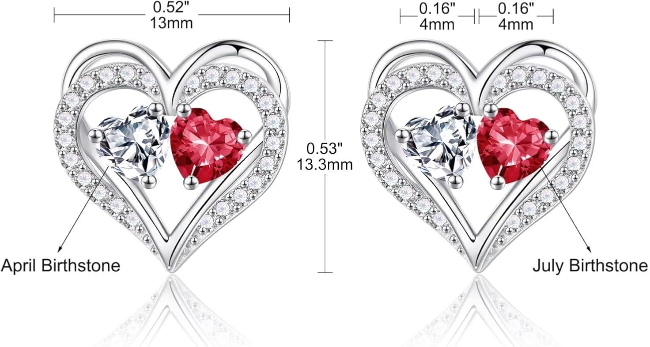 Iefil Birthstone Earrings for Women - 925 Sterling Silver Heart Earrings Anniversary Birthday Gifts for Women Wife Girlfriend Mom