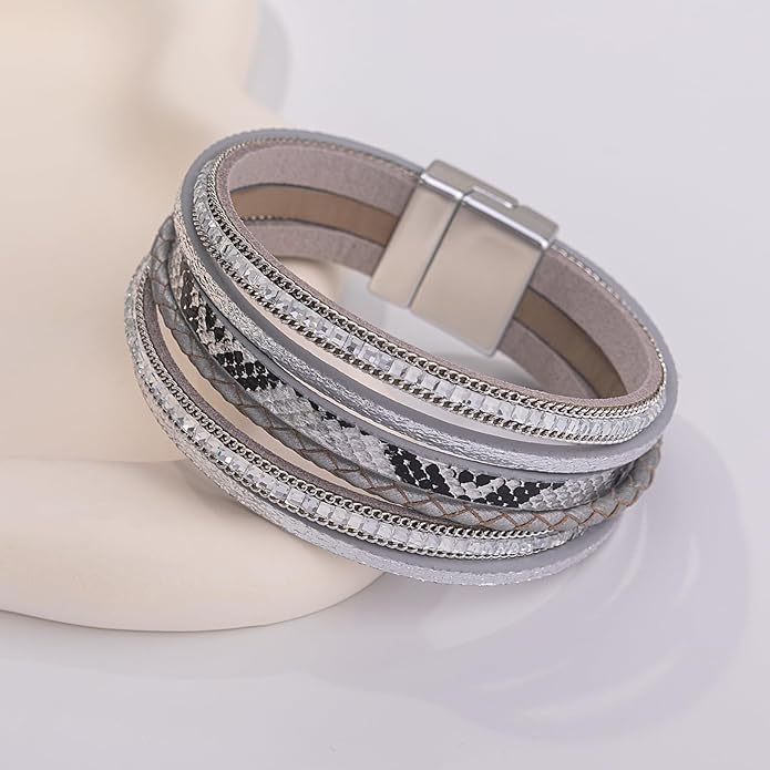 FANCY SHINY Boho Leather Wrap Bracelets Trendy Layered Bracelets with Magnetic Clasp Strackable Bohemian Jewelry Gifts for Women