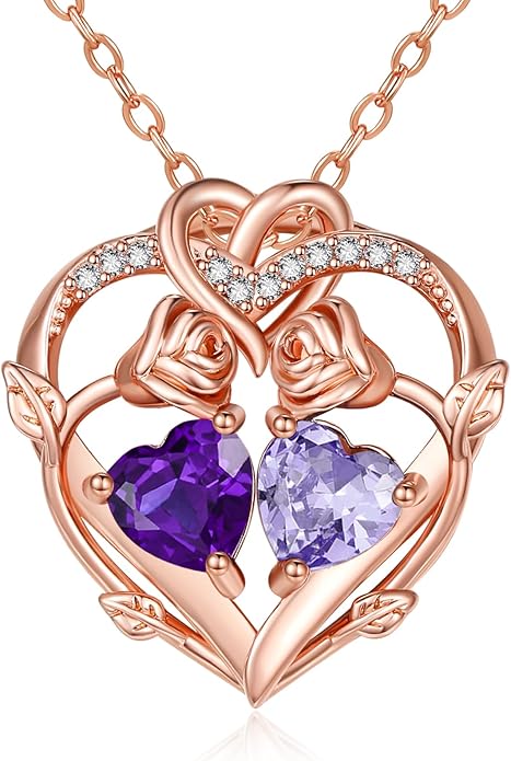 Rose Gold Necklaces for Women Double Birthstone Rose Flower Heart Pendant Necklace Jewelry Anniversary Christmas Valentine's Mother's Day Birthday Gift for Wife Mom Her Girlfriend Sister