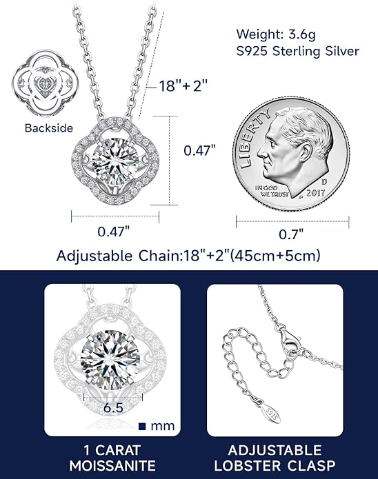 MomentWish Necklace for Women, Sparkling Gift for Her, 1Carat Moissanite Heart Pendent for Her, 925 Sterling Silver Dance Necklace for Anniversary Christmas Valentines