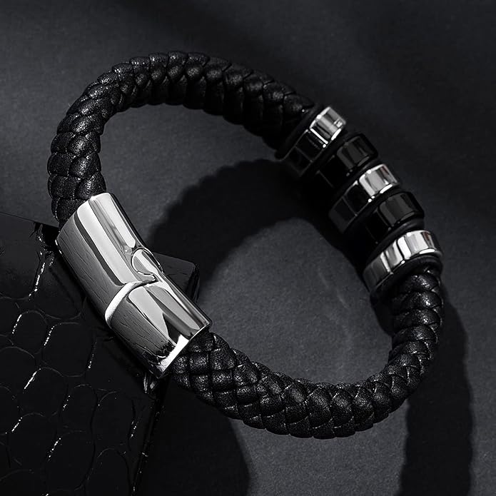 Leather Bracelet for Men Braided Cuff Wristband Stainless Steel Clasp in Silver and Gold Jewellery Gift