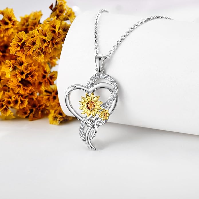 Tulip Sunflower Rose Lily of the Valley Sterling Silver Flower Heart Pendant Necklace Gifts for Women Mother Flower Lover