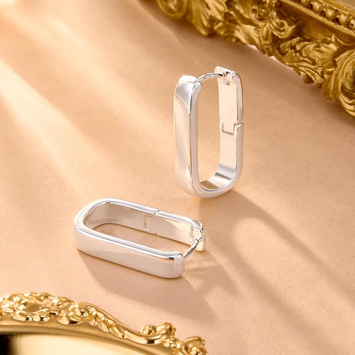 925 Sterling Silver Hoop Earrings for Women Small Square Hypoallergenic 14K Gold Plated Hoop Earrings Geometric Minimalist Rectangle Hoops