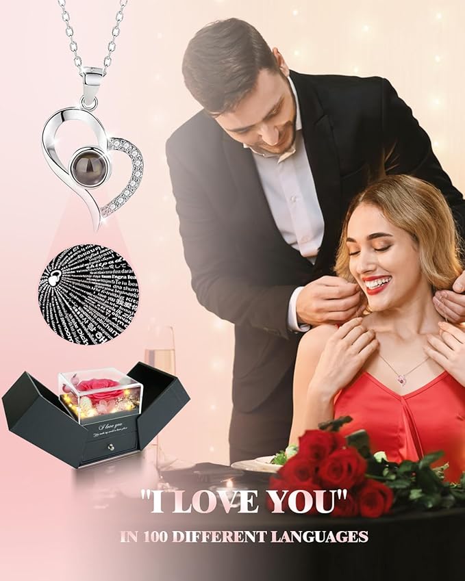 Birthday Gifts for Women, Preserved Real Roses with Heart Necklace I Love You in 100 Languages, Romantic Anniversary Wedding Gifts for Women Her Girlfriend Wife, Forever Roses Necklace Gift Box Pink