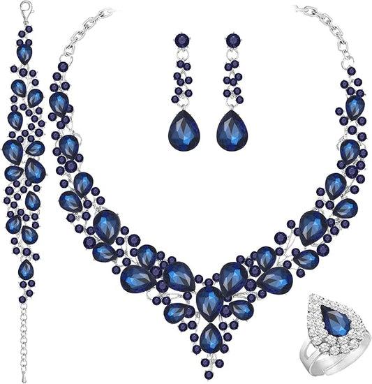 Paxuan Crystal Bridal Wedding Jewelry Sets for Women Rhinestone Teardrop Crystal Statement Choker Necklace Drop Earrings Link Bracelets Rings Teardrop Jewelry Set for Brides Bridesmaids