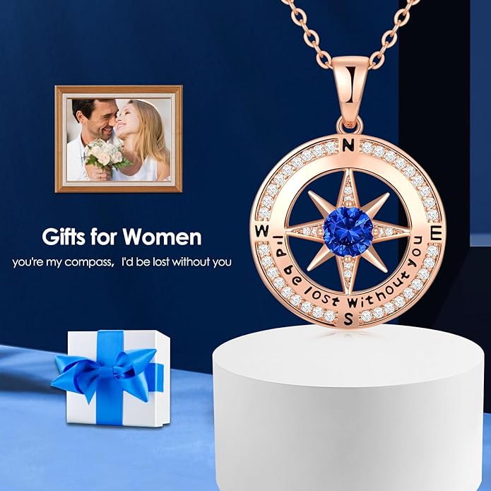 Zifeel Compass Necklace Gifts for Women wife - S925 Sterling Silver Birthstone Necklaces for Women - Anniversary Birthday Gifts for Her Wife Girlfriend - Valentines Mom Mothers Day Christmas Gifts Jewelry for Women