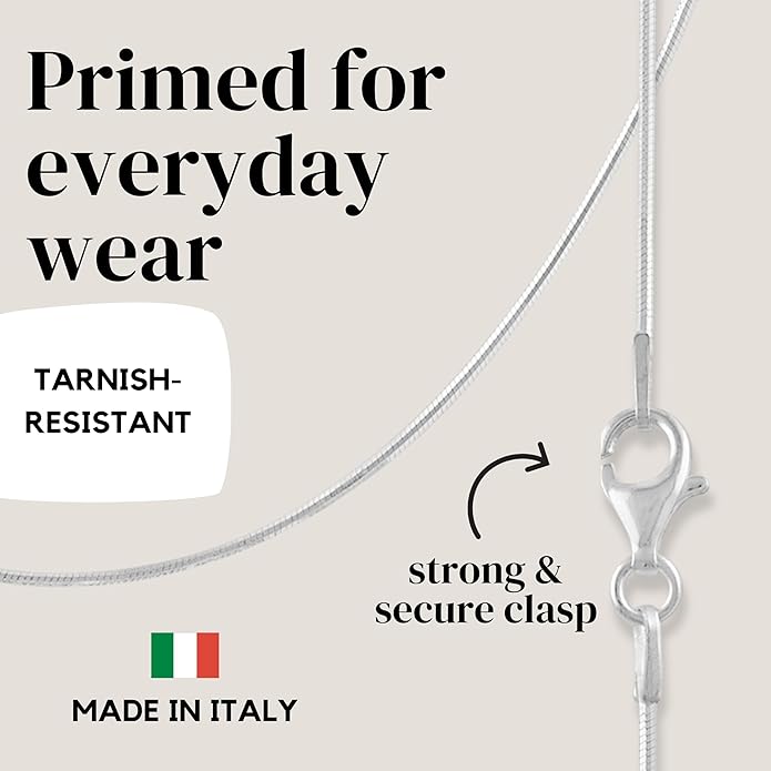 KISPER Silver 8 Sided Snake Chain Necklace –Thin, Dainty, 925 Sterling Silver Jewelry for Women & Men with Lobster Clasp – Made in Italy