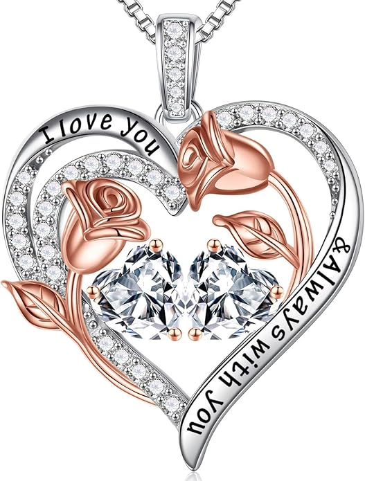 Iefil Birthstone Necklace for Women - 925 Sterling Silver Rose Heart Birthstone Necklace Birthday Anniversary Jewelry Gifts for Her Wife Mom Daughter
