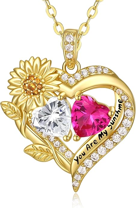 Sunflower Heart Necklace for Women 14K Gold Exquisite Anniversary Birthday Gifts for Wife Mother Her Double Birthstone Pendant jewelry‘You Are My Sunshine’