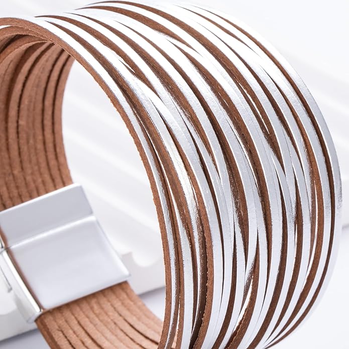 FANCY SHINY Boho Leather Wrap Bracelet Stackable Layered Bangle Cuff with Magnetic Clasp