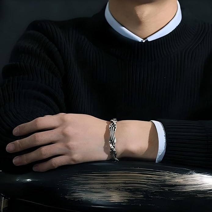 Kim Carrey S925 Sterling Silver Bracelet, Open Bangle Cuff Design, Men's Stacked Bracelets Gift Jewelry for My Man