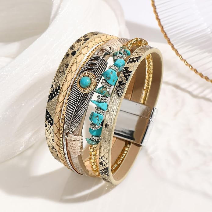 Fesciory Leopard Bracelet for Women, Boho Leather Wrap Multi-Layer Pearl Crystal Bracelet Bangle Jewelry