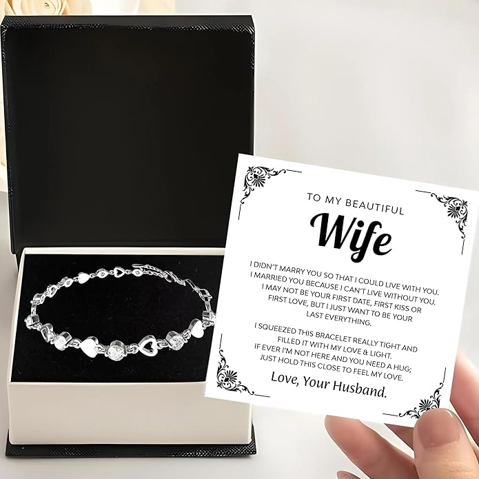To My Wife Crystal Heart Bracelet Gift From Husband, Beautiful Wife Jewelry For Anniversary, Birthday, Christmas, Valentine’s Day, Bracelet For Her With Heartfelt Message & Elegant Box