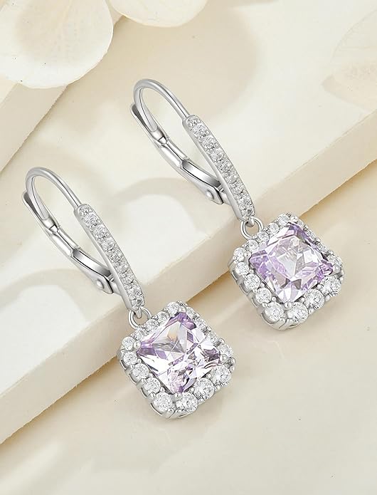 Square Dangle Drop Earrings Sterling Silver Halo Leverback Earrings Birthstone Jewelry for Women